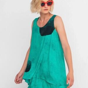 Ozai N Ku Teal Cupro Draped Tank Top Black Circle Print Sz S